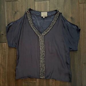 Aryn K. Silk Blue Cold Shoulder Short Sleeve Bejeweled Top XS
